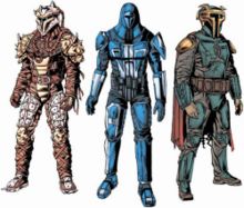 Three examples of Mandalorian armor: Crusaders, Neo-Crusaders, and Death Watch (left to right).