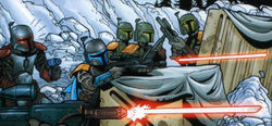 Jango Fett leading the Mandalorians at the Battle of Galidraan.