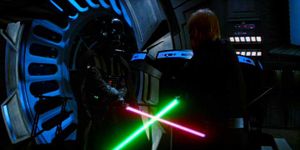 Luke Skywalker faces off against his father, Darth Vader
